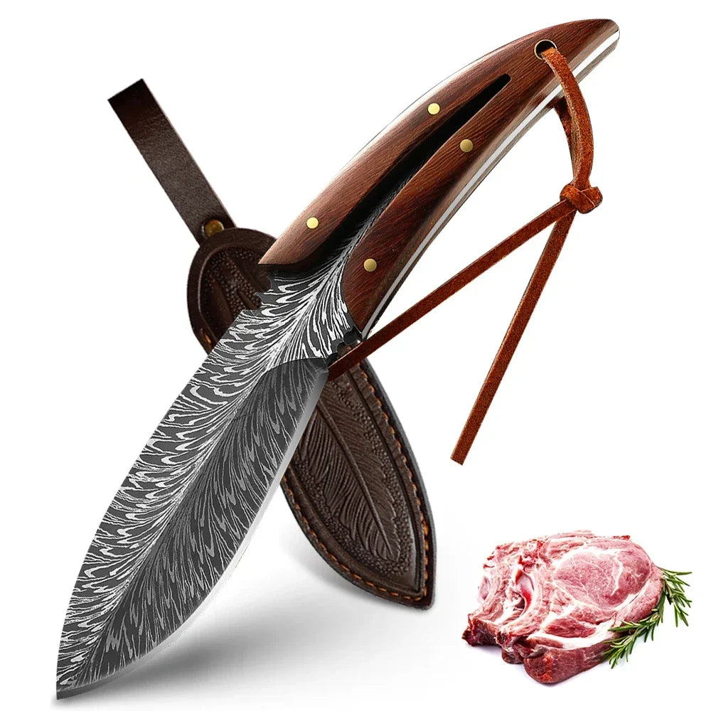 Forged Boning Knife Cutting Meat Knife Sharp Chef's Knife Slicing Knife Feather Textured Home Kitchen Tools With Holster