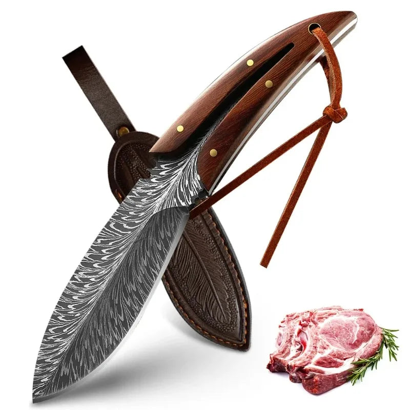 Forged Boning Knife Cutting Meat Knife Sharp Chef's Knife Slicing Knife Feather Textured Home Kitchen Tools With Holster
