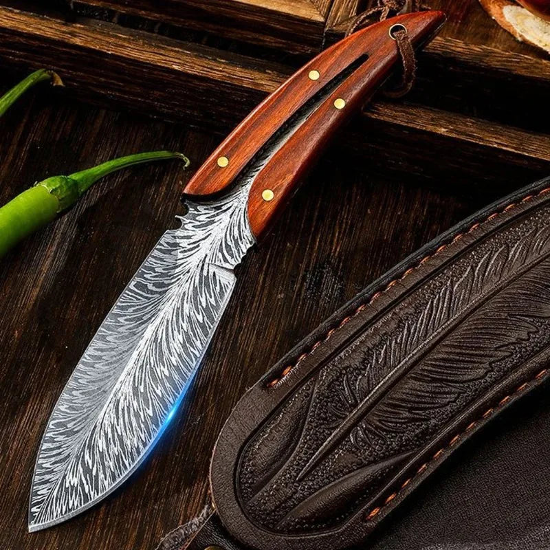 Forged Boning Knife Cutting Meat Knife Sharp Chef's Knife Slicing Knife Feather Textured Home Kitchen Tools With Holster