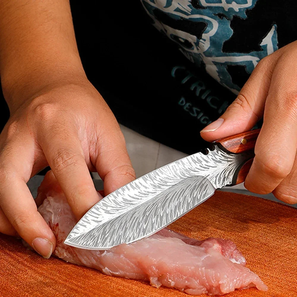 Forged Boning Knife Cutting Meat Knife Sharp Chef's Knife Slicing Knife Feather Textured Home Kitchen Tools With Holster